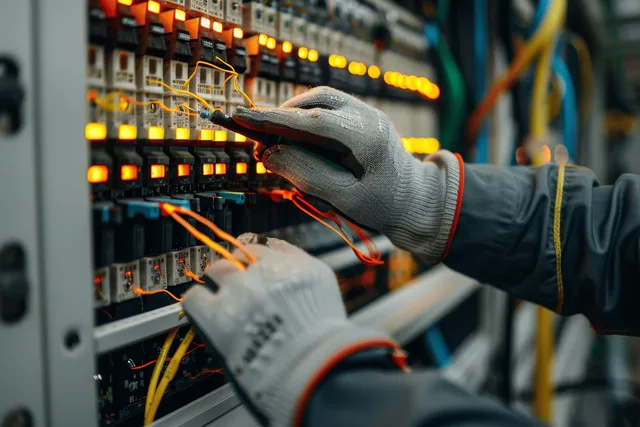 Gloved electrician checks connections inside an industrial control panel with multimeter probes among illuminated circuits.