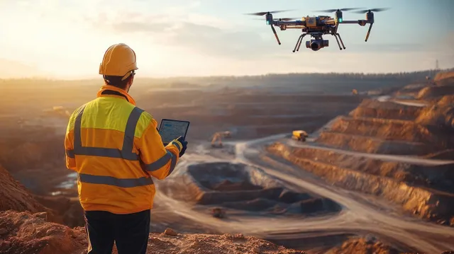 A construction inspector in a safety vest pilots a drone over an open-pit mine at sunset.
