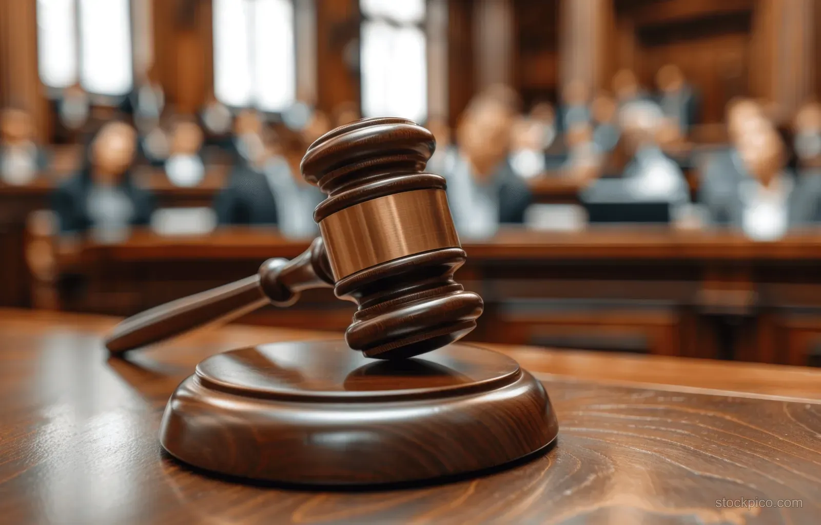 A wooden judge's gavel rests on a courtroom table with blurred people in the background.