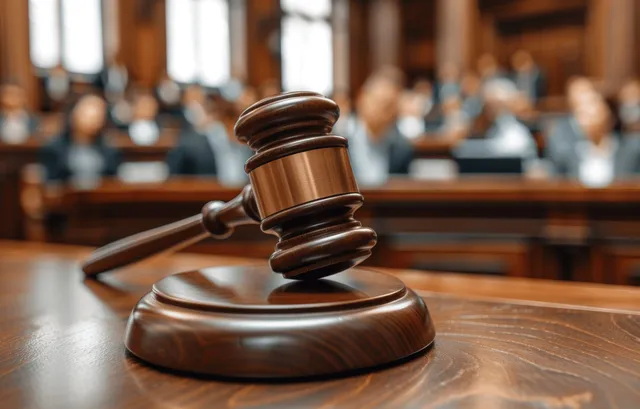 Un mazo de juez de madera descansa sobre la mesa de un tribunal con personas desenfocadas al fondo.
