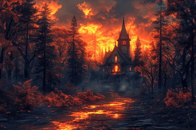 Gothic house amid fiery forest at night, glowing windows under a raging orange storm sky