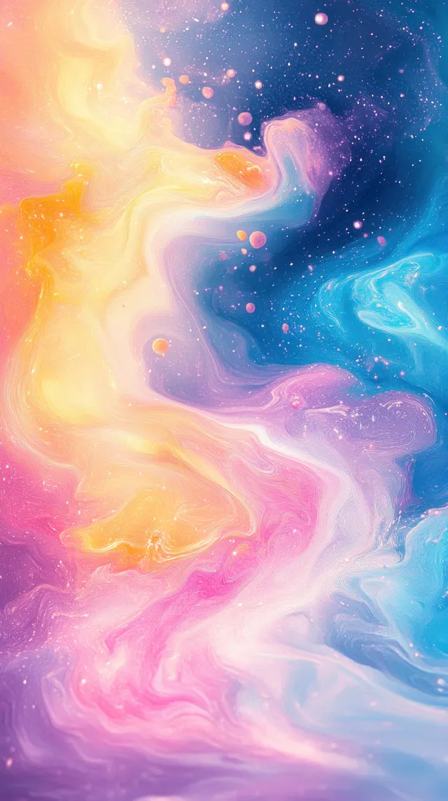 Vivid cosmic nebula swirl with glowing particles in yellow pink purple and blue haze