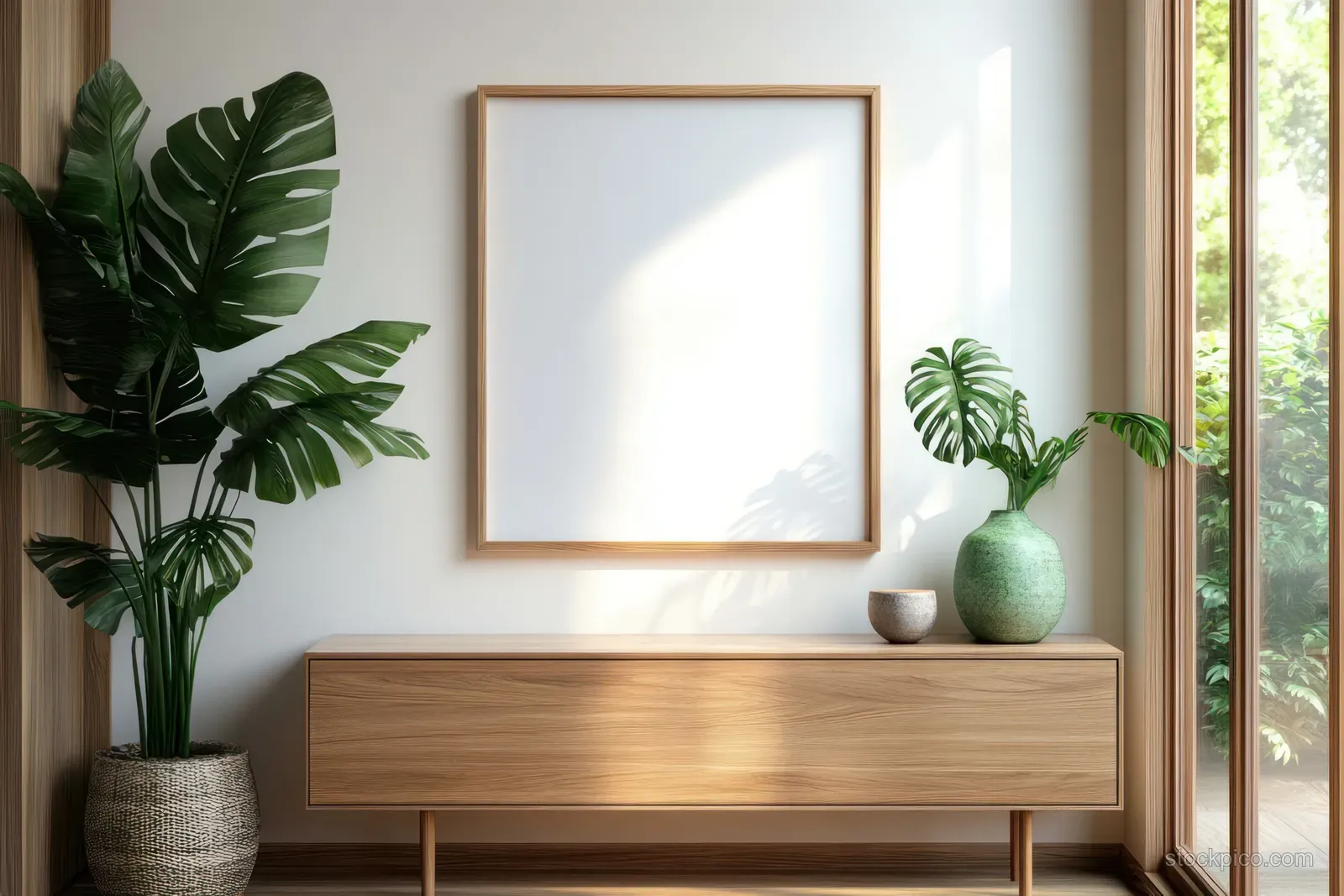 Blank framed artwork sits above a wooden console table with monstera plants and a small ceramic vase by a sunlit window.