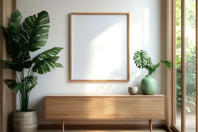 Blank framed artwork sits above a wooden console table with monstera plants and a small ceramic vase by a sunlit window.