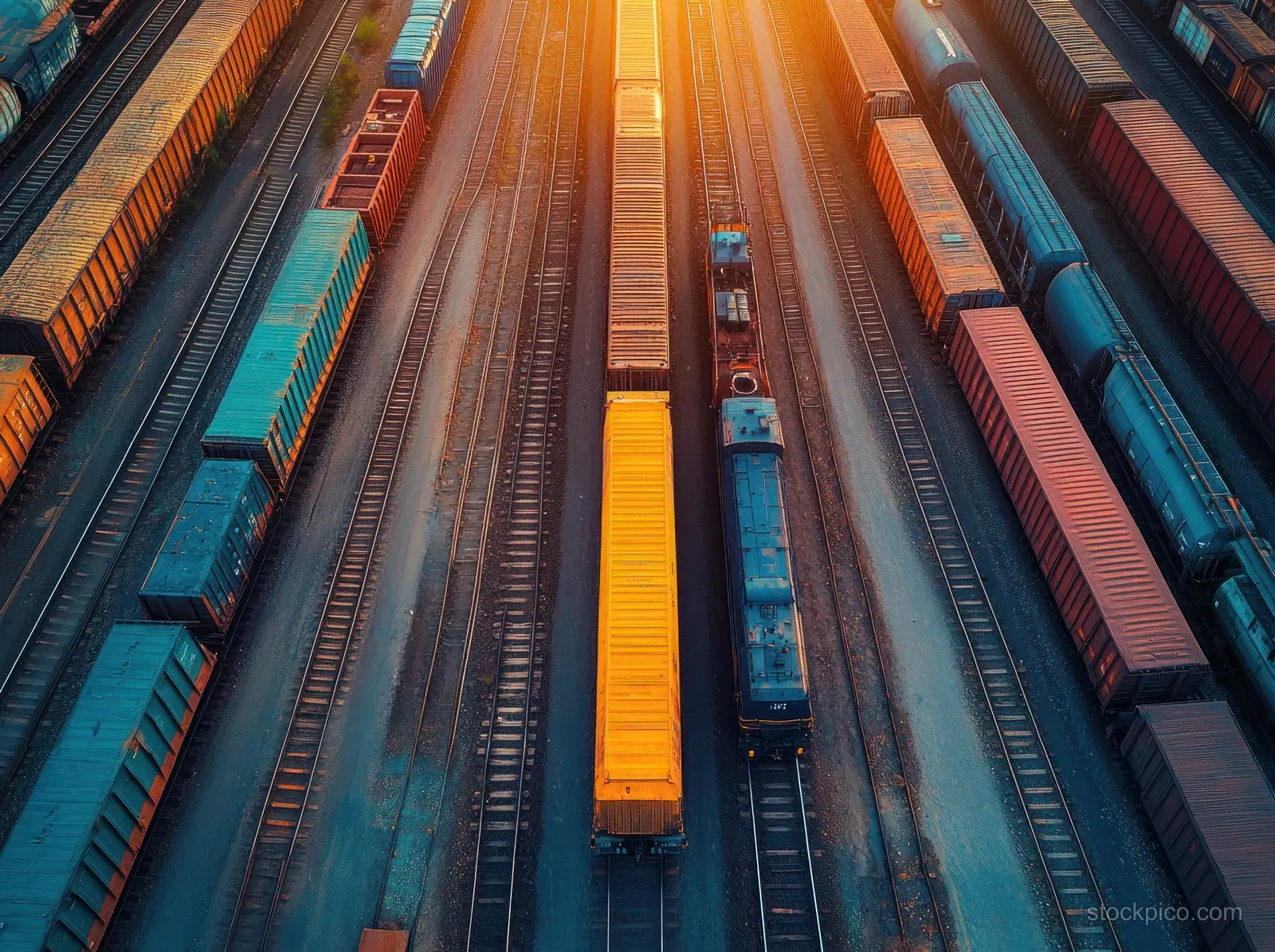 Aerial view shows colorful freight train cars aligned on parallel tracks in a rail yard at sunset.