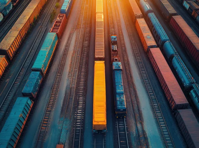 Aerial view shows colorful freight train cars aligned on parallel tracks in a rail yard at sunset.