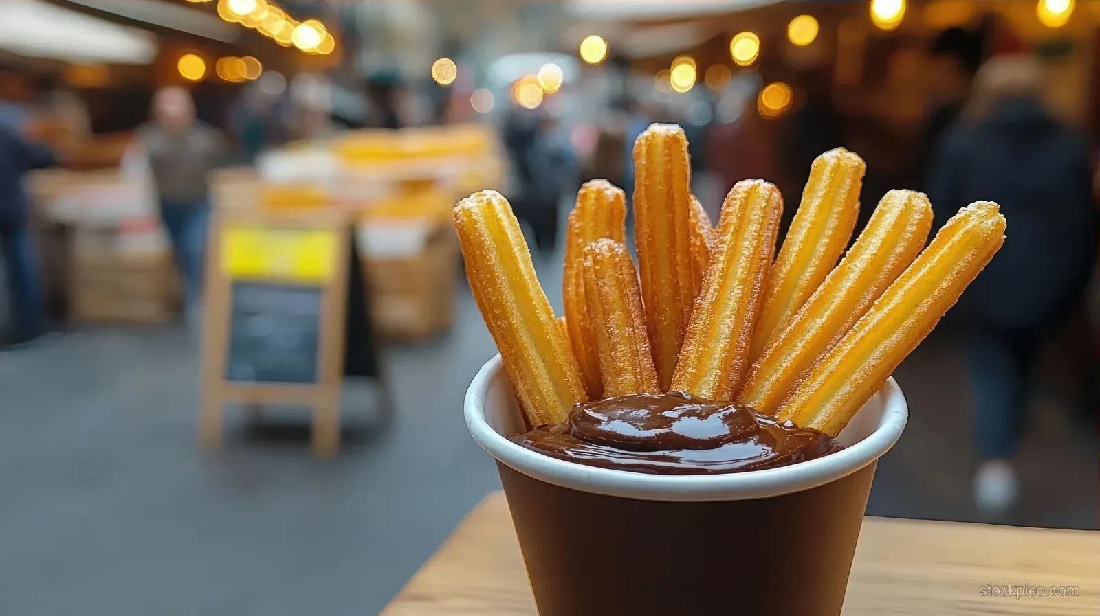 Golden churro sticks coated with sugar sit in a cup with dark chocolate dipping sauce while street lights blur behind.