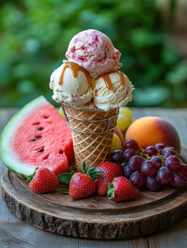 Three scoops of ice cream with caramel drizzle in waffle cone on fruit platter
