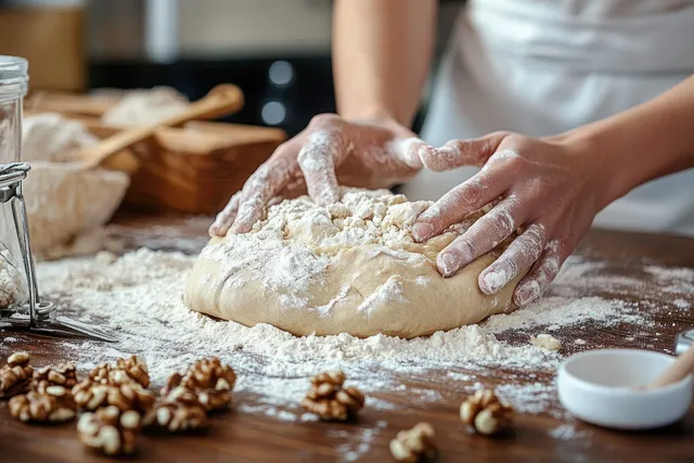 Hands knead walnut bread dough on a floured wooden table with walnuts and baking tools nearby.