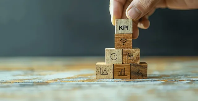 Hand places a KPI block on a charted stack, tracking business progress carefully