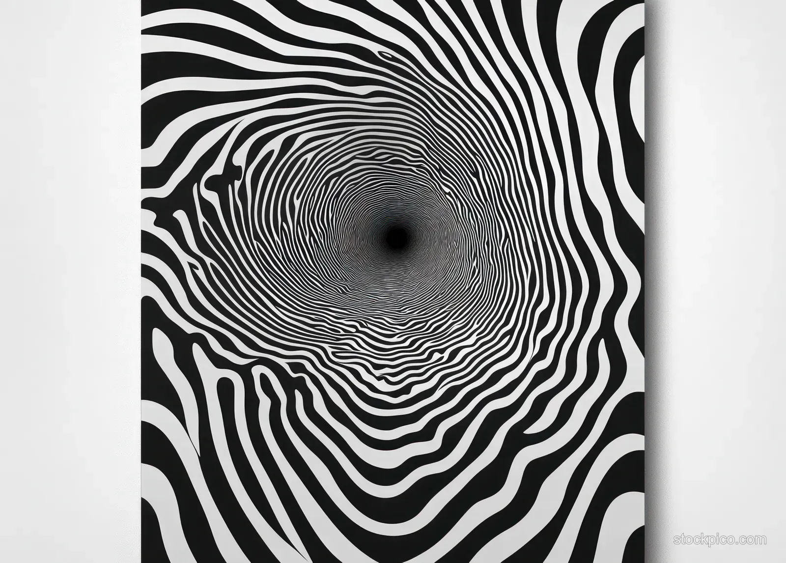 Black and white wavy spiral contour lines converge on a dark center dot in a hypnotic pattern.