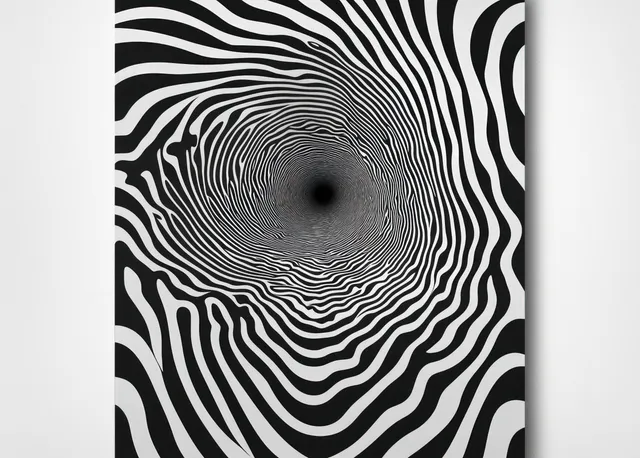 Black and white wavy spiral contour lines converge on a dark center dot in a hypnotic pattern.