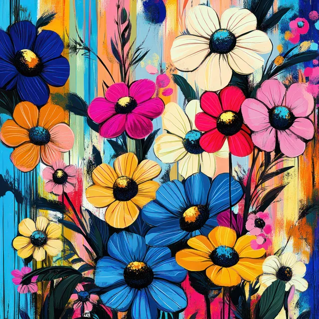 Multicolor flowers with dark centers layered on a bold striped abstract background.