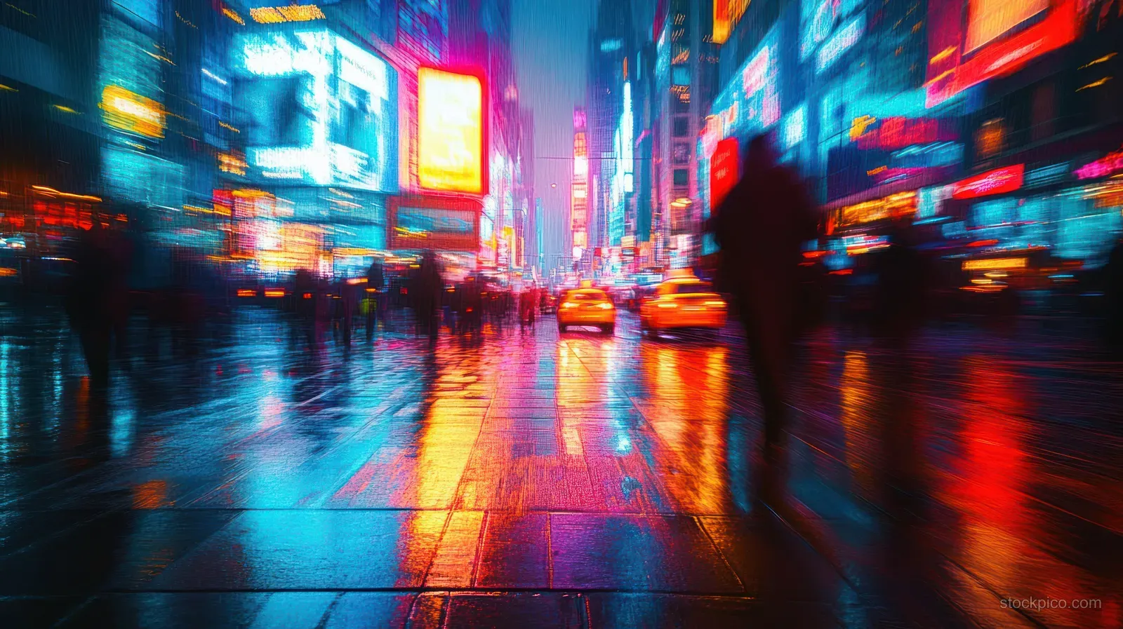 Blurred neon traffic and pedestrians cross a rainy city street with reflections on wet pavement at night.