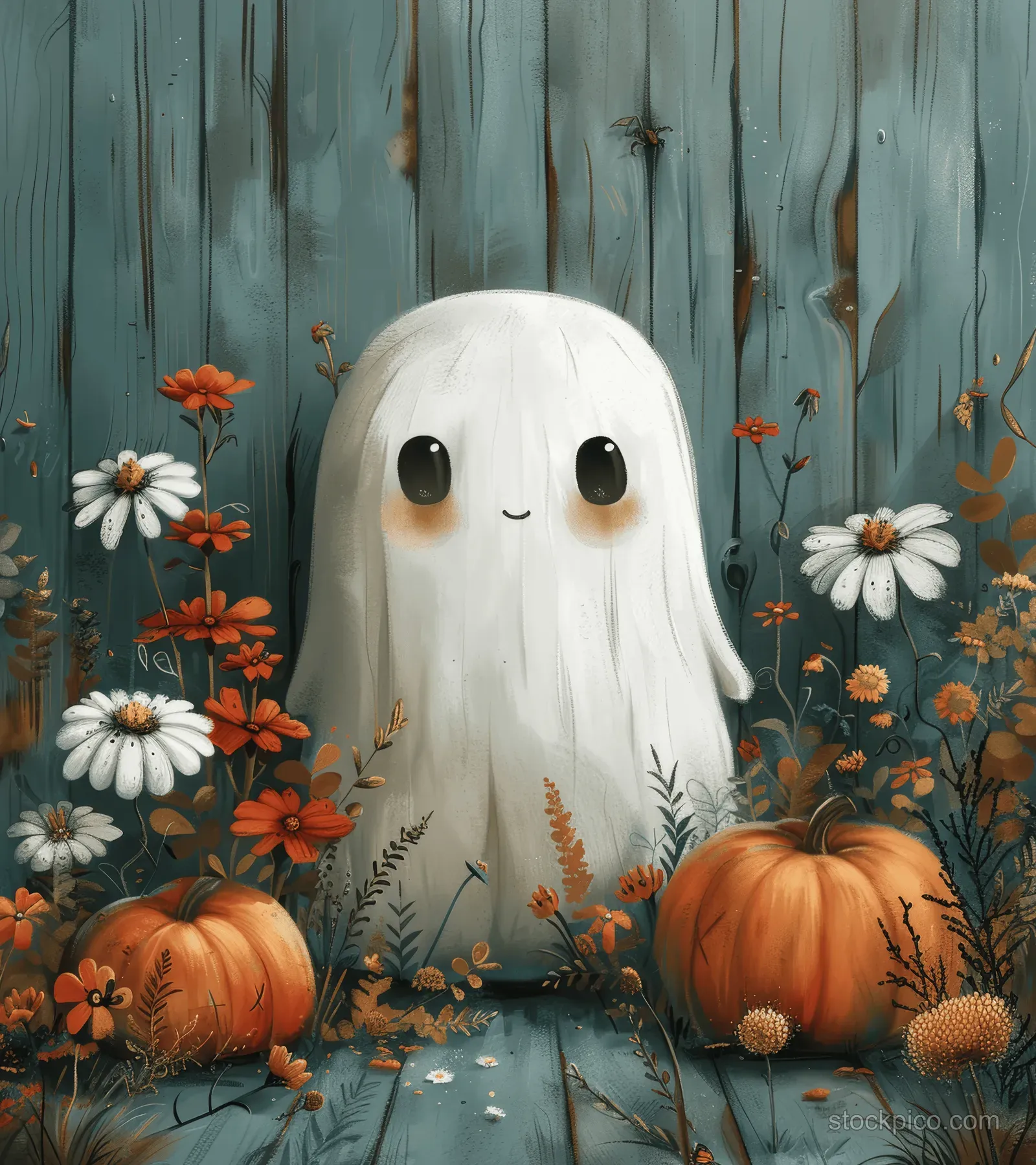 Cute ghost with flowing white hair surrounded by pumpkins and flowers on a pale background.
