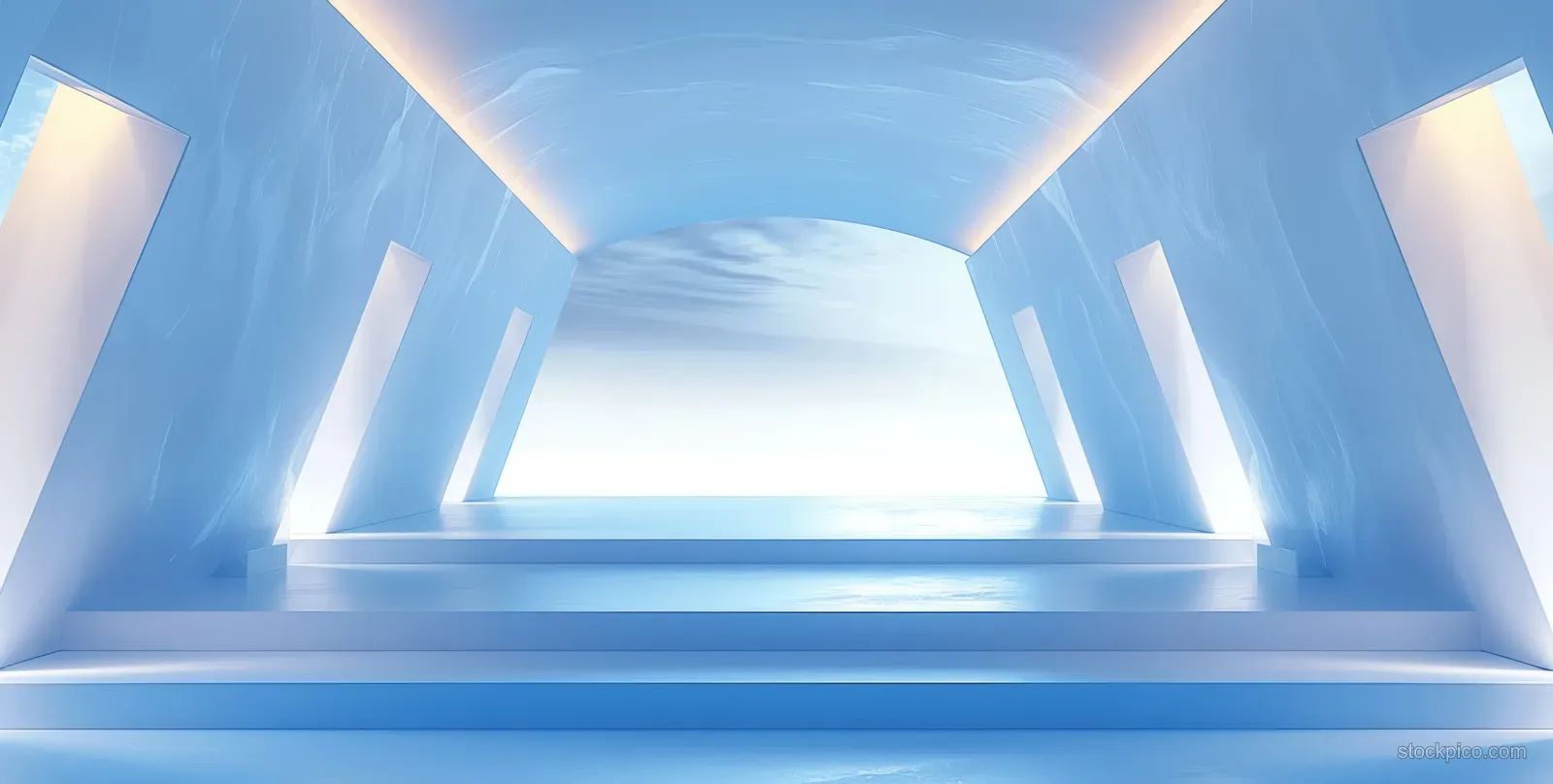 Minimalist 3D corridor with blue columns, white steps, and soft light creating a symmetrical perspective.