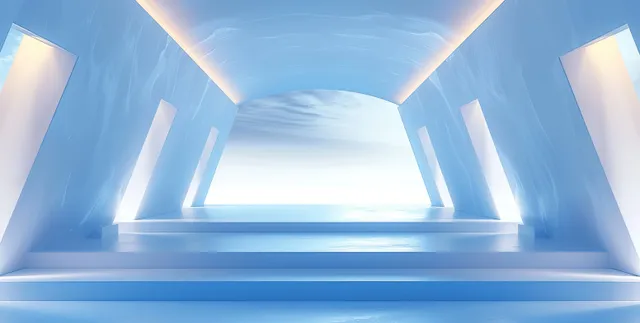 Minimalist 3D corridor with blue columns, white steps, and soft light creating a symmetrical perspective.