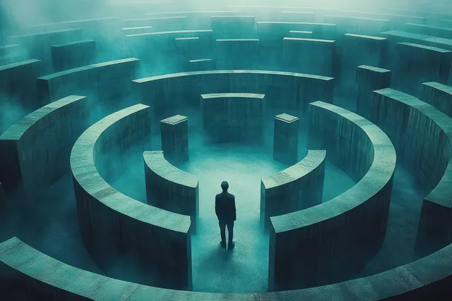 A lone silhouette stands inside a misty circular concrete labyrinth with curved dark walls receding into fog.