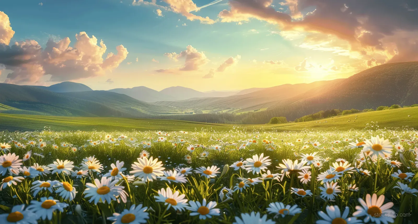 Daisies bloom in a green meadow as golden sunset light spreads across rolling hills and distant mountains.