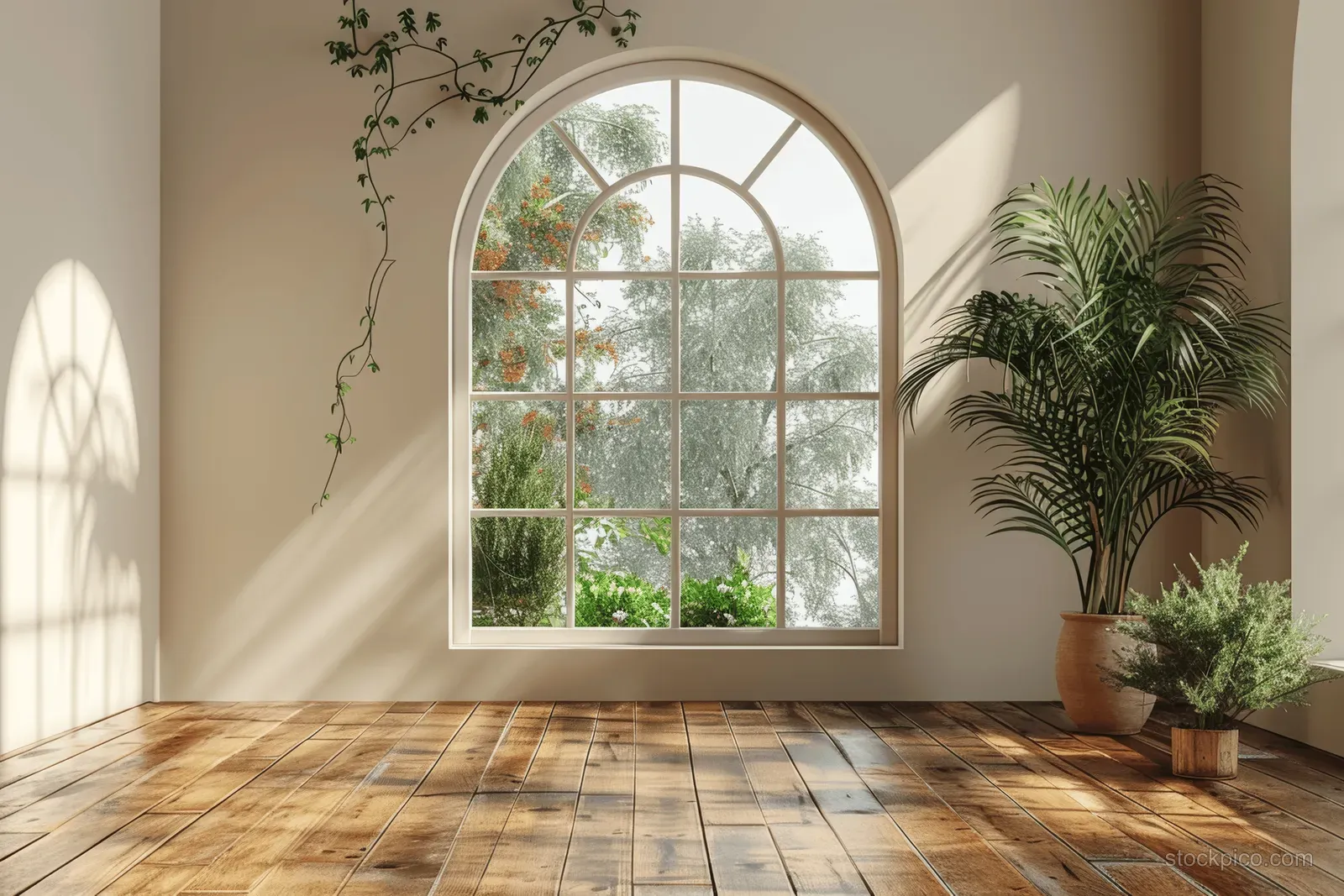 Beige empty room interior with wooden floor, arched window daylight, and potted plants by the walls.