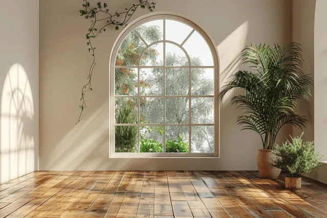 Beige empty room interior with wooden floor, arched window daylight, and potted plants by the walls.