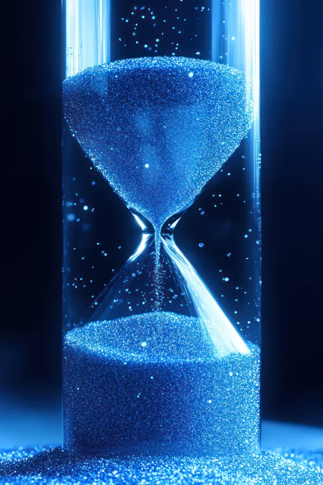 A close-up blue glowing hourglass shows sparkling granules flowing from the top chamber to the bottom on a dark background.