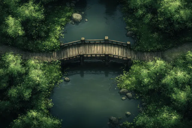 Aerial view of a rustic wooden bridge spanning a tranquil river through lush greenery