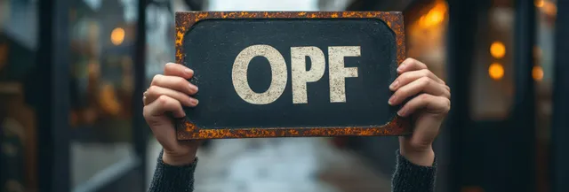 Hands hold a rusty black metal sign reading OPF with bold white letters in a warm, blurred city street.