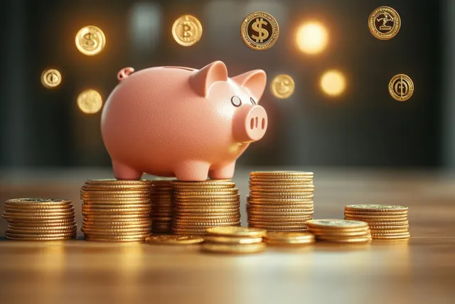 A pink piggy bank sits on stacked gold coins with glowing currency symbols floating above it.