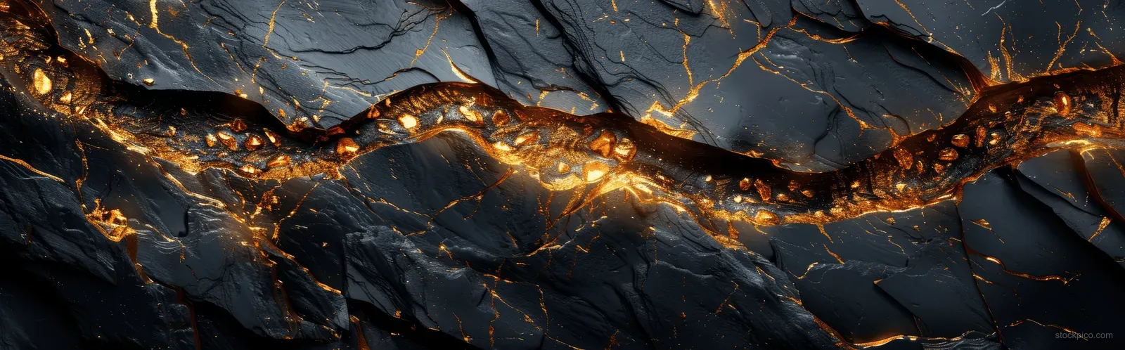 Rough dark grey cliff rock shows glowing golden mineral veins under dramatic shadowy cavern lighting.