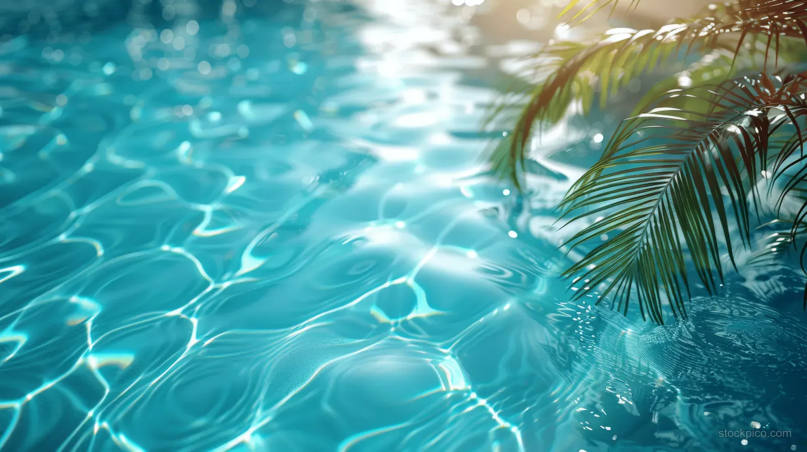 Clear turquoise pool water shows palm leaf shadows and shimmering light ripples from above.