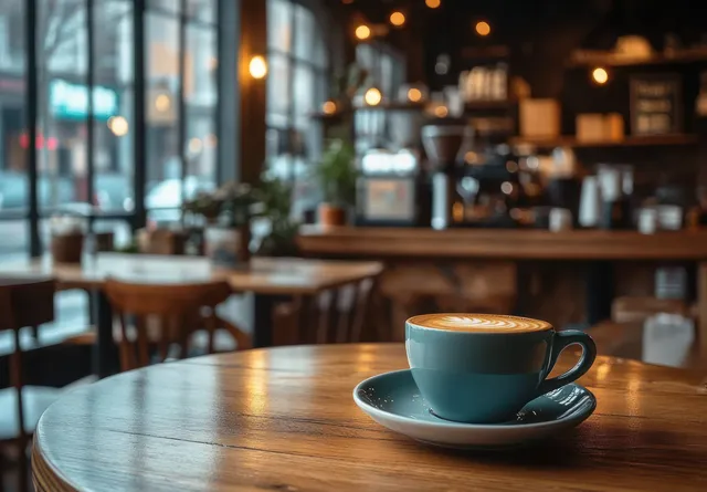Close-up latte with detailed foam art on saucer atop wooden table in warm cafe