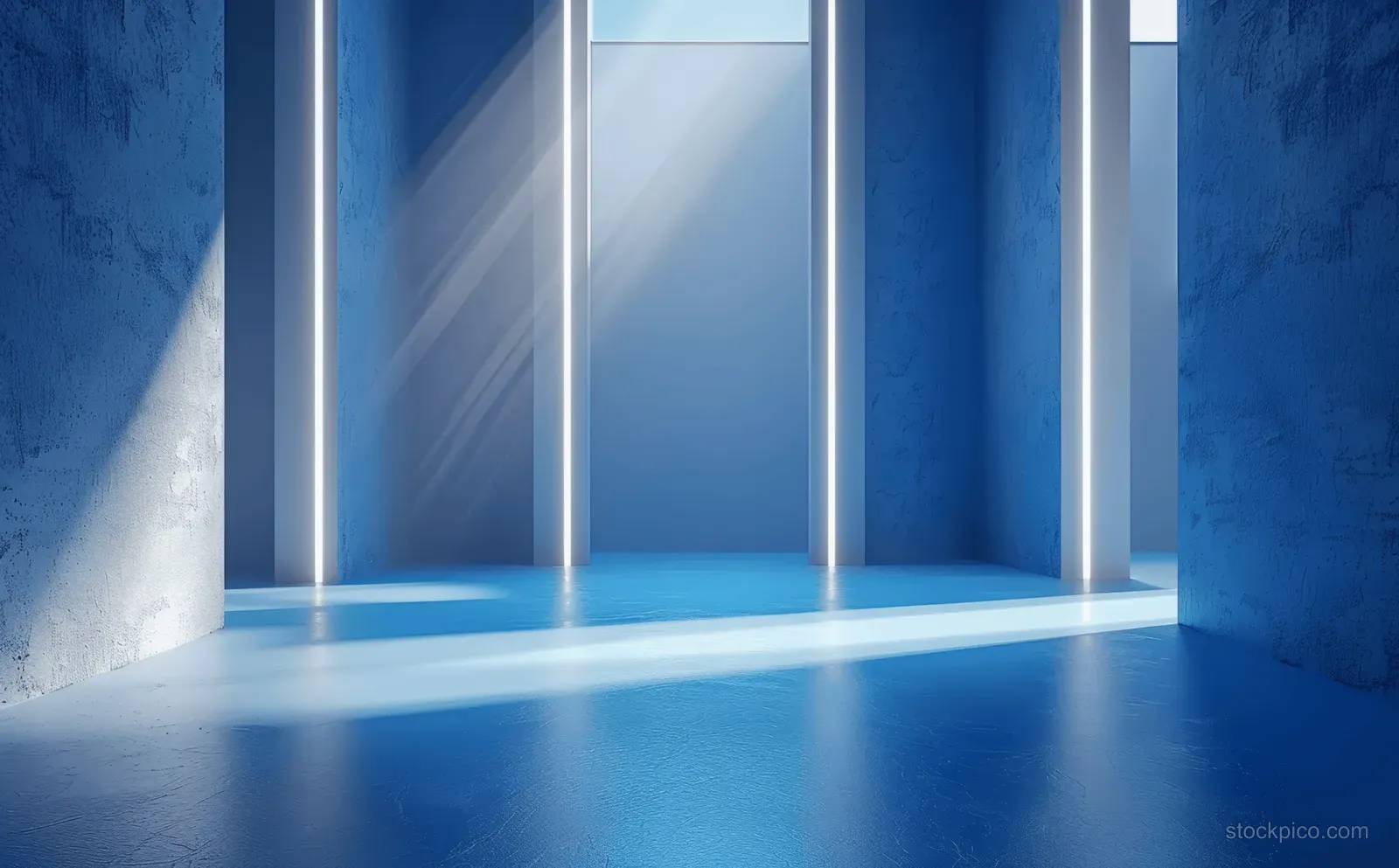 Blue minimalist interior space with vertical glowing light lines and a glossy smooth floor.