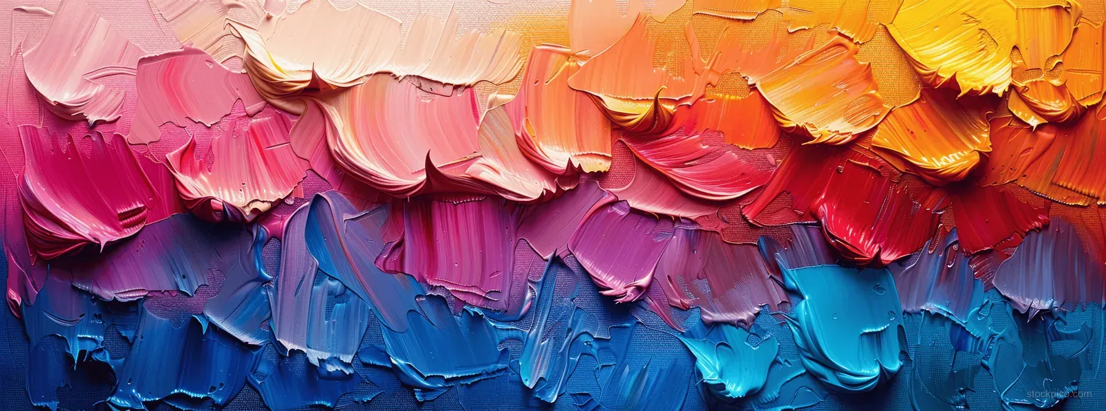 Close-up of layered abstract oil paint on canvas with thick brushstrokes and palette knife texture in pink, orange, and blue.
