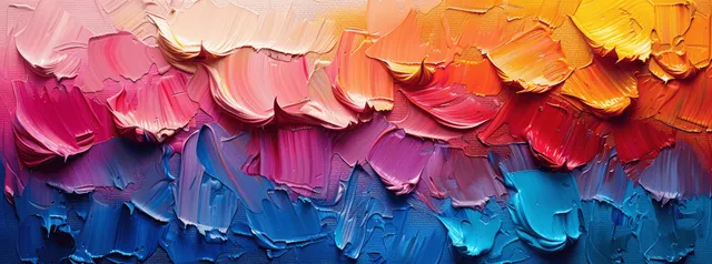 Close-up of layered abstract oil paint on canvas with thick brushstrokes and palette knife texture in pink, orange, and blue.