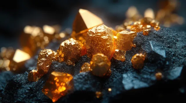 Golden crystals glowing on a rough dark rock surface with sparkling reflections and macro detail.