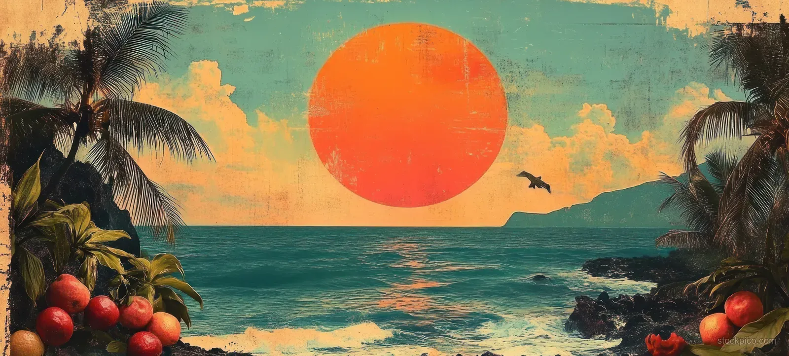 Retro tropical beach scene with palm trees, a large orange sun, pastel waves, and citrus fruit elements.