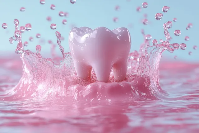Glossy tooth with pink water splashes and rising bubble particles illustrating oral hygiene.