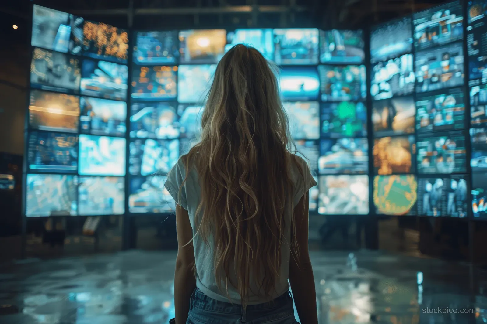 A woman stands before a wall of glowing screens showing many streaming TV show and movie thumbnails.