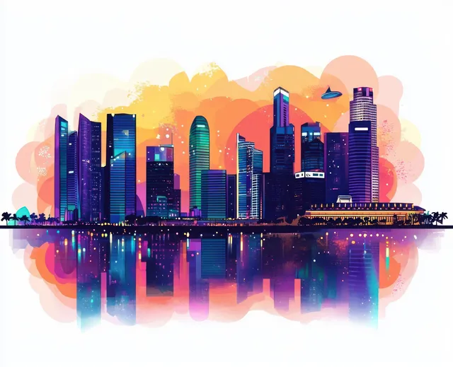 Futuristic Singapore skyline vector illustration with colorful towers and glowing reflections on water.