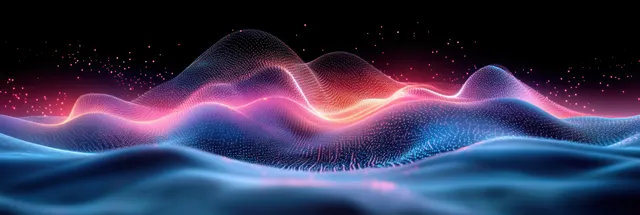 Glowing quantum waveforms ripple over blue hills against a starry background with pink energy bands.