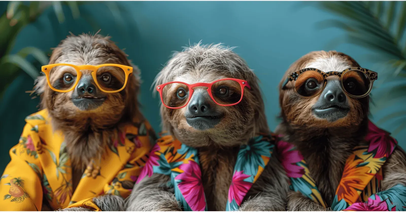 Three sloths in tropical shirts and sunglasses sit together with jungle leaves behind them.