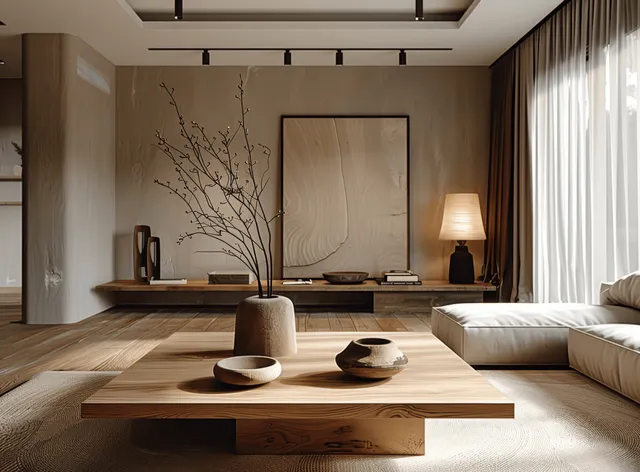 A wooden coffee table sits in a Japandi living room beside a beige sofa with dark brown curtains and grey walls.