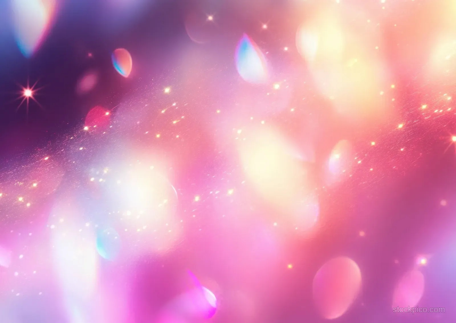 Colorful prismatic light flare and glowing bokeh spheres shimmer across a dreamy purple and pink gradient background.