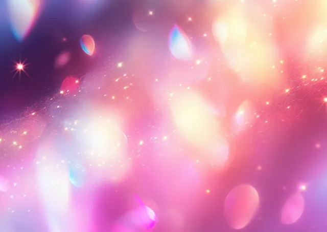 Prismatic light flare with glossy bokeh spheres over dreamy purple-pink gradient background