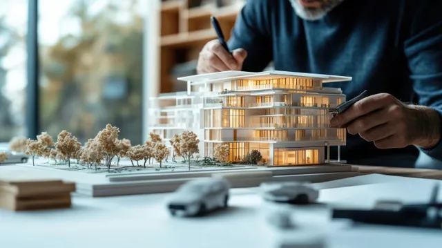 Architect’s hands adjust an illuminated apartment building scale model on a desk with miniature trees and cars.