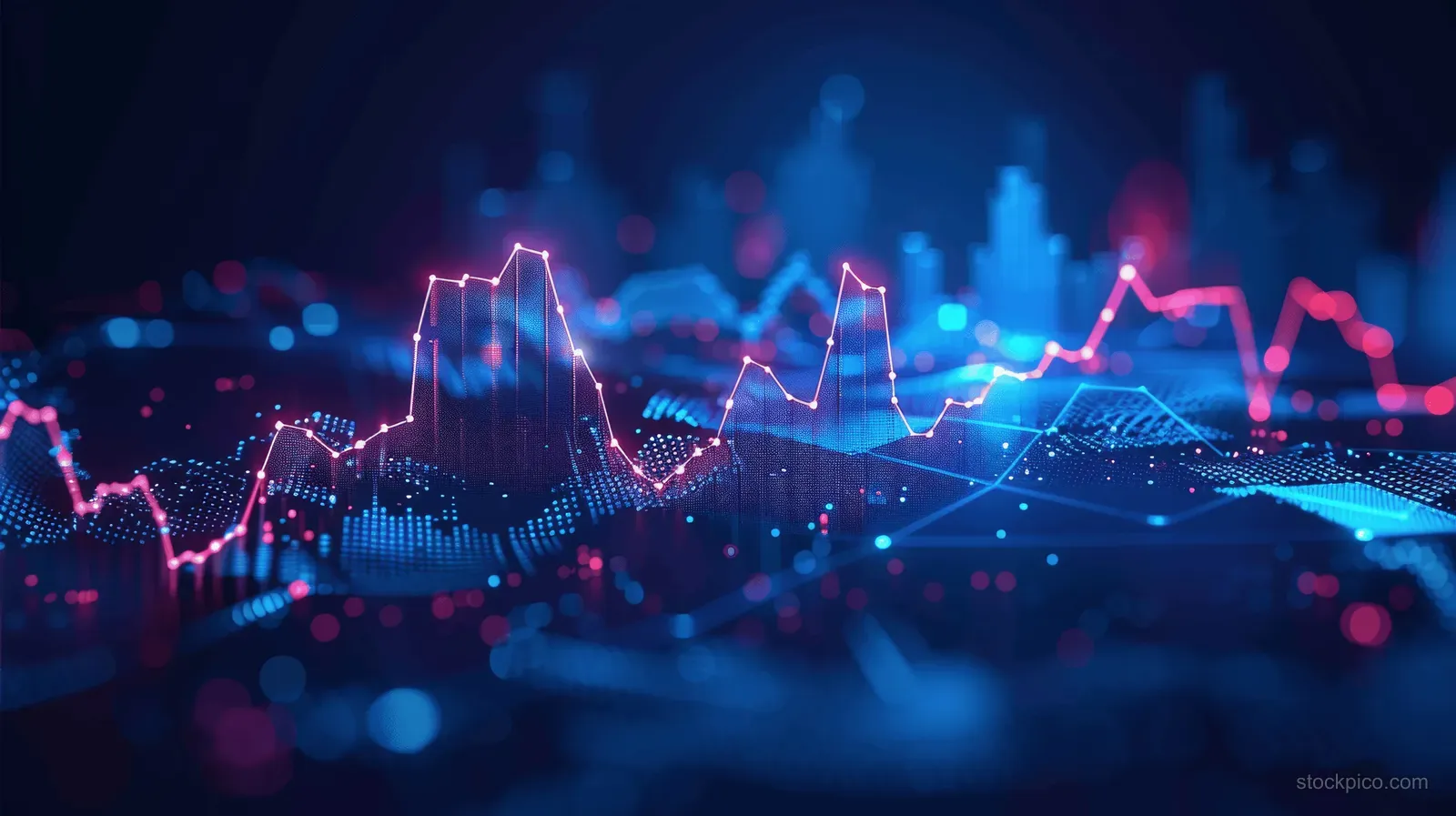 Glowing stock market candlestick chart and line graphs overlay a blue digital financial data background.