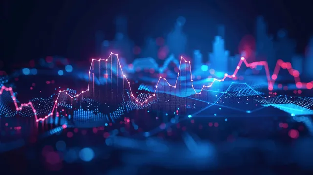 Glowing stock market candlestick chart and line graphs overlay a blue digital financial data background.