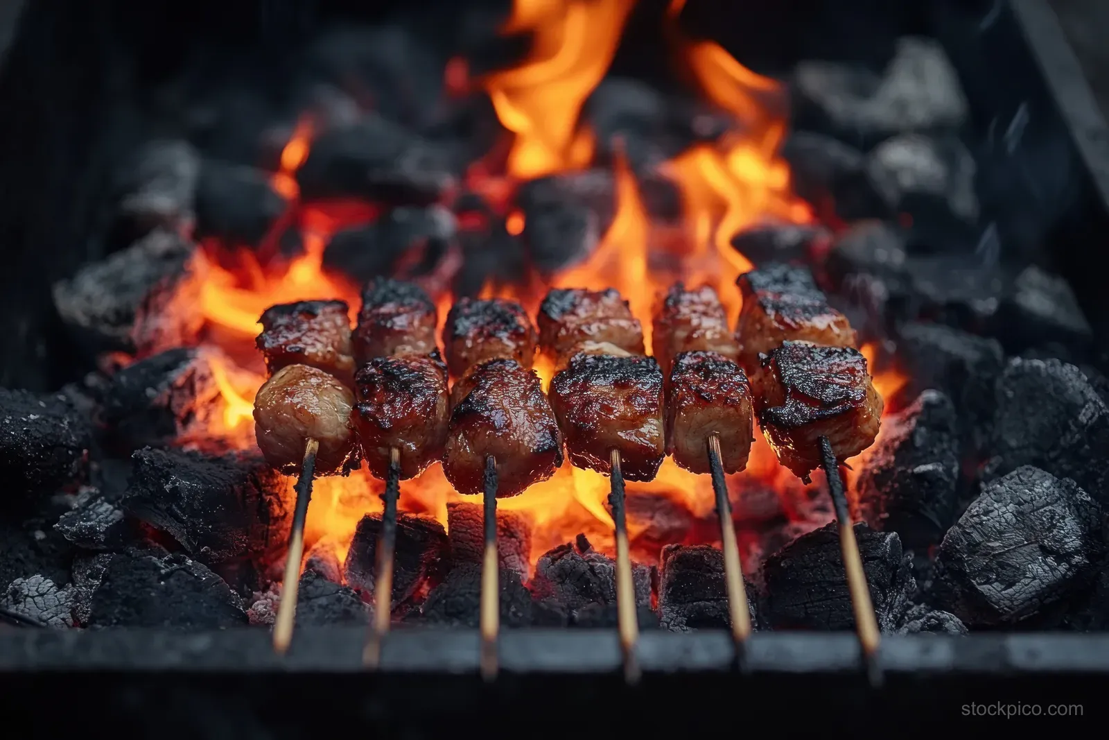Chicken satay skewers grilling over charcoal fire as flames and glowing embers surround them.