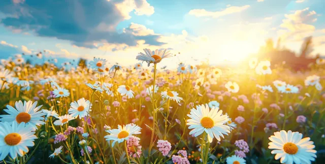 Daisies and wildflowers sway in a sunlit summer meadow with golden sun rays across a blue sky horizon.